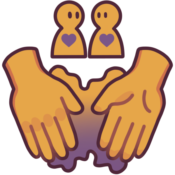a pair of hands held close to each other, with a yellow and purple blob connecting them. The purple is a gradient coming up from the bottom. Above this is two people with purple hearts on their chests to represent shared emotion. 